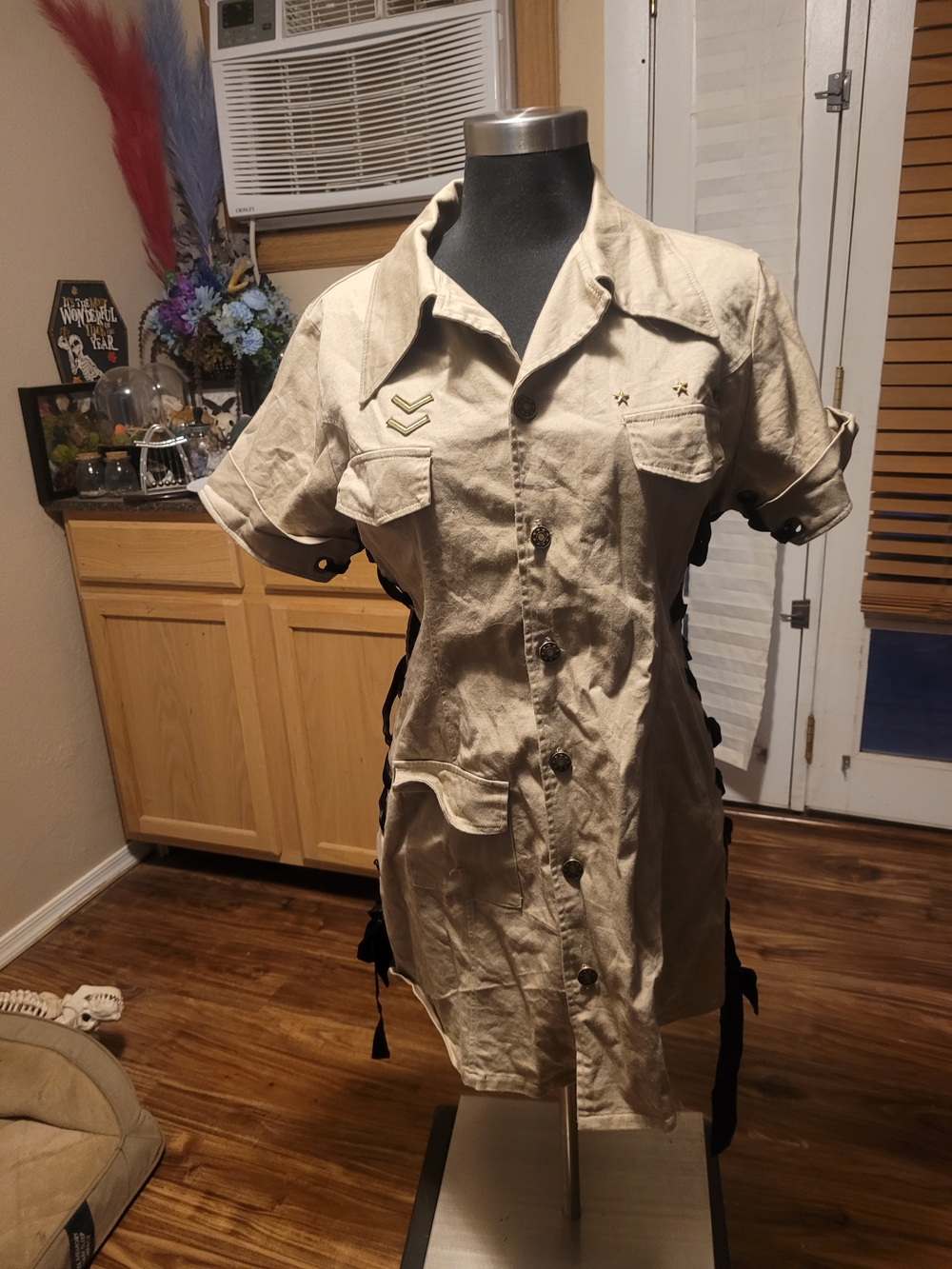 Leg Avenue Beige Short-Sleeve Button-Down Utility Shirt Dress